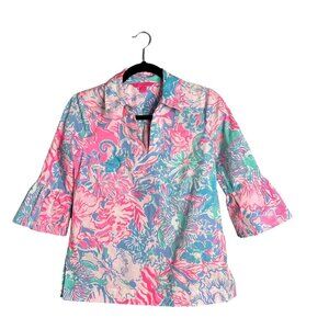 Lilly Pulitzer Ginger Top Popover Pink Blue White‎ 3/4 Bell Sleeve XXS